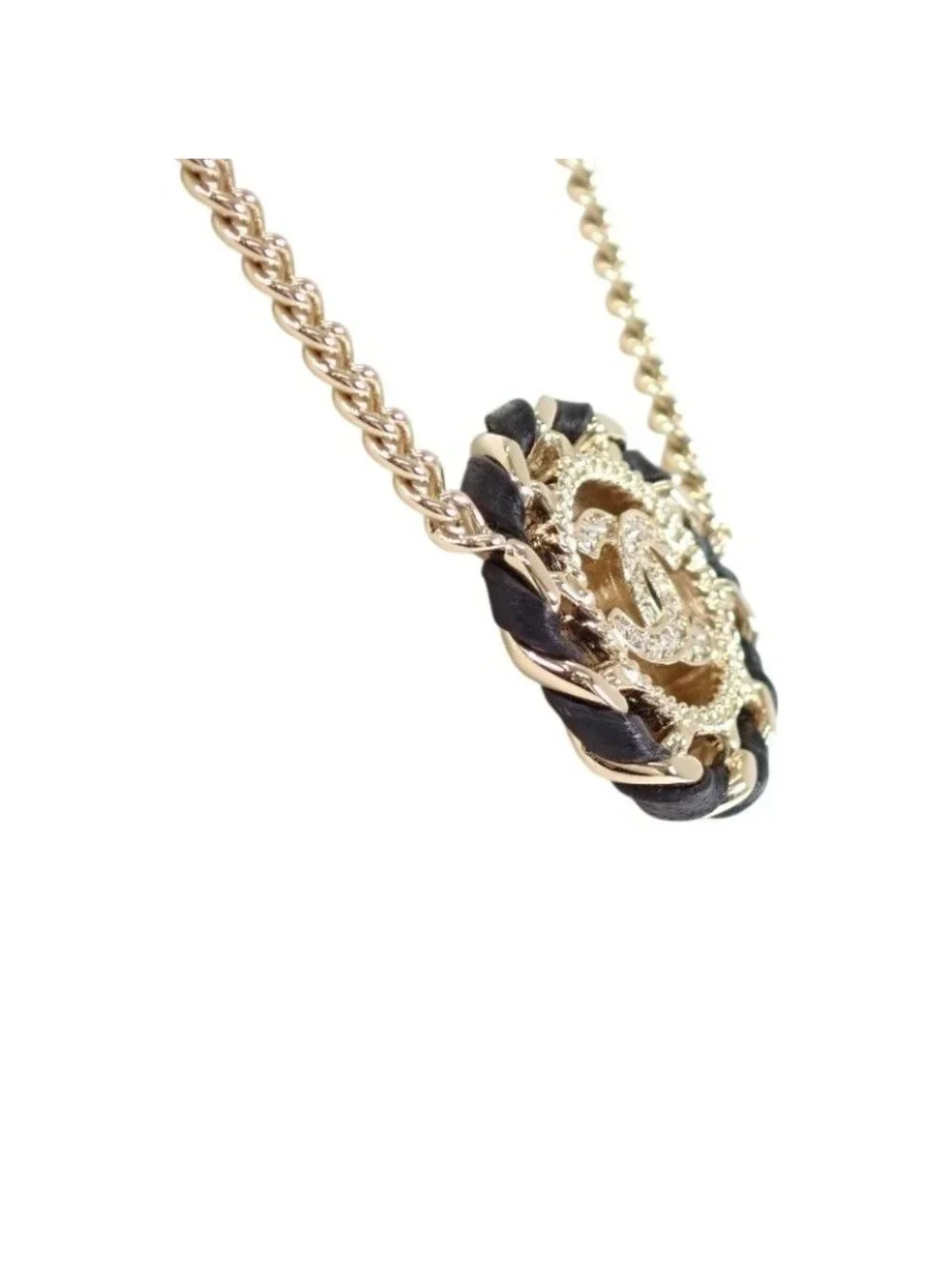 Chanel CC Logo Choker Pendant Metal Leather Strass with Champagne Gold
